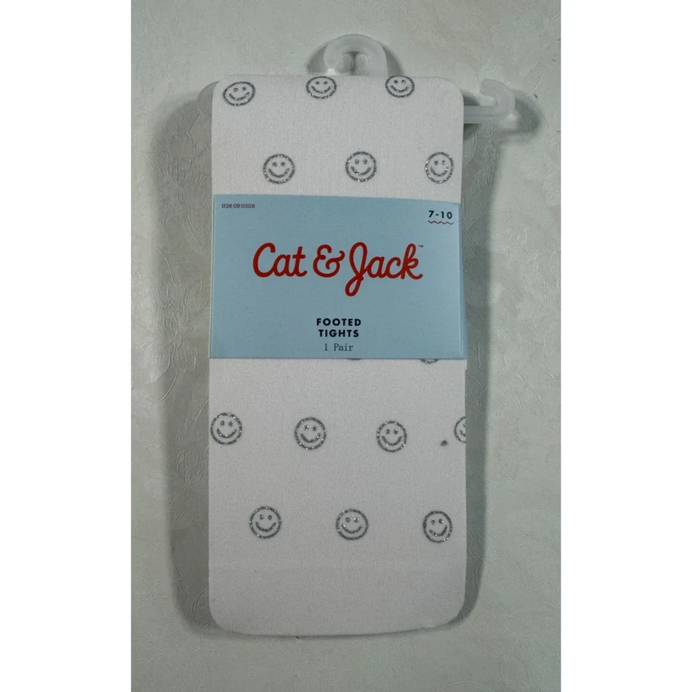 Cat & Jack Girls' Silver Smiley Nylon Fashion Tights White Medium NWT